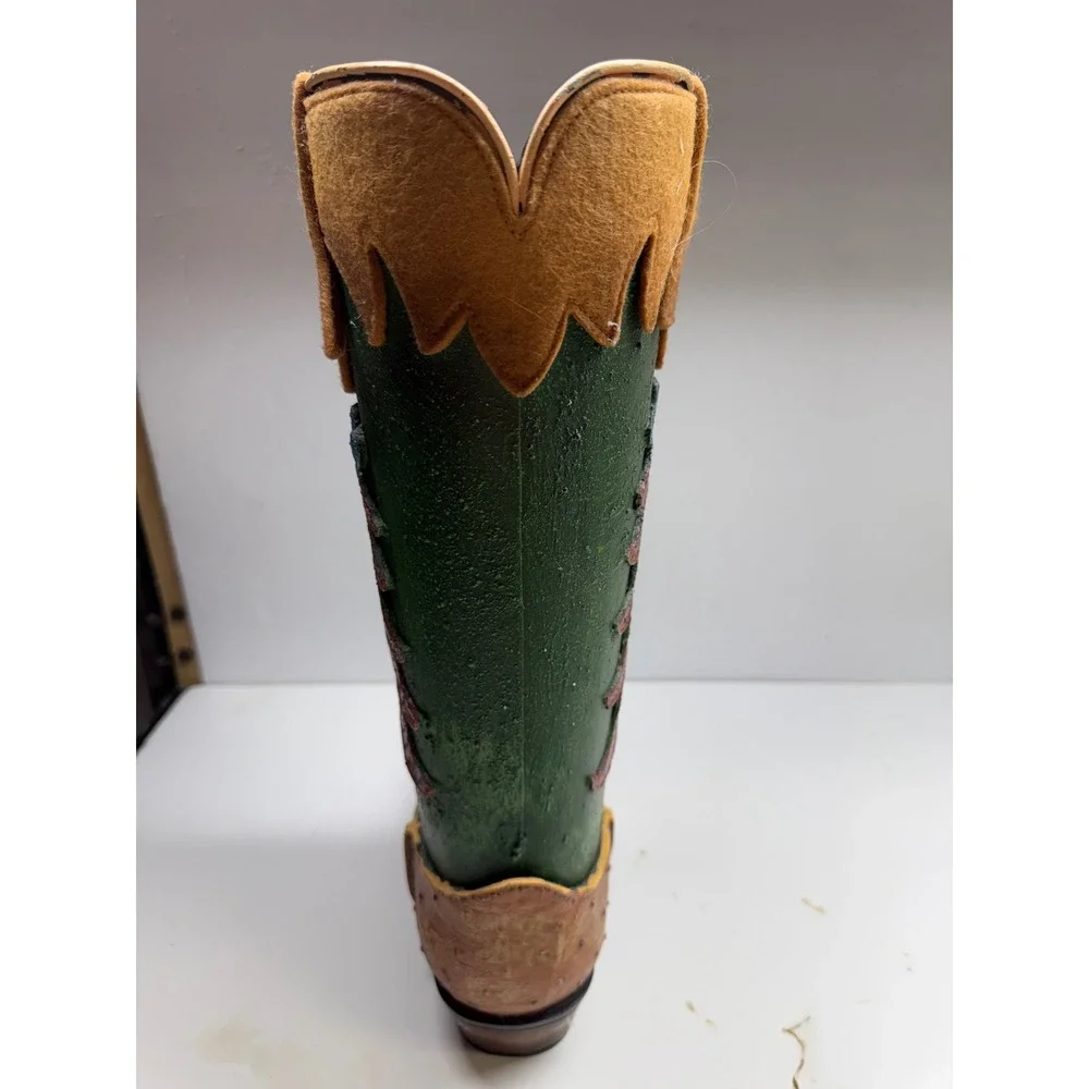 Western Cowboy Boot Decorative Planter Vase GreenBrown Ostrich Print ChiliPepper